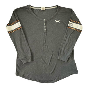 Victoria's Secret Pink Gray Leopard Graphic Henley Shirt XS‎ Edgy Comfycore